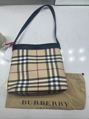 Burberry Beige Nova Check Shoulder Bag with Black Trim and Red Stripe